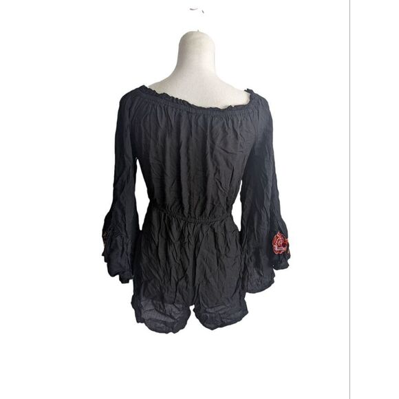 Feathers Romper Small Black Bell sleeve Floral Round neck Hippie Style Festival - Picture 2 of 9